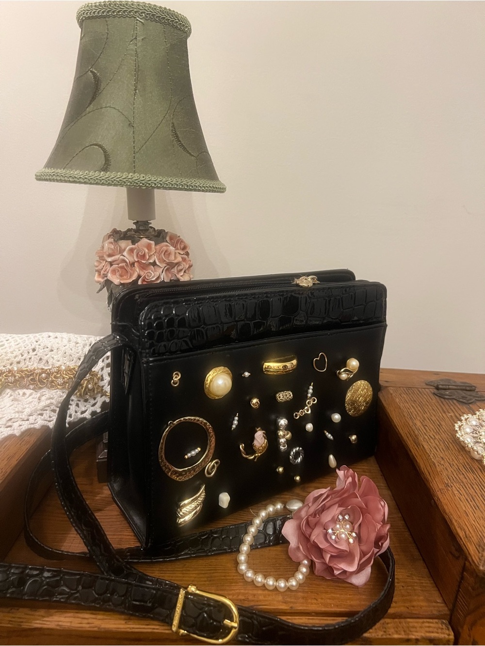 Black Embellished Perry Ellis America Shoulder Bag with Gold Accents